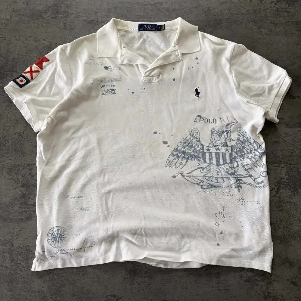 Polo Ralph Lauren Graphic Polo Shirt PRL Nautical Print White Vintage Size L